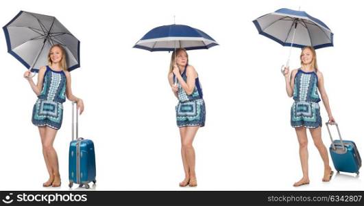 Collage of woman with umbrella and suitcase