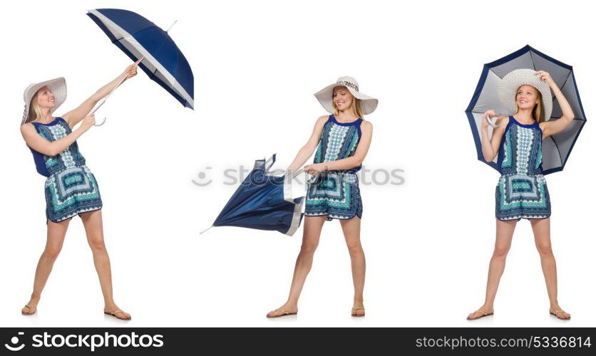 Collage of woman with umbrella isolated on white