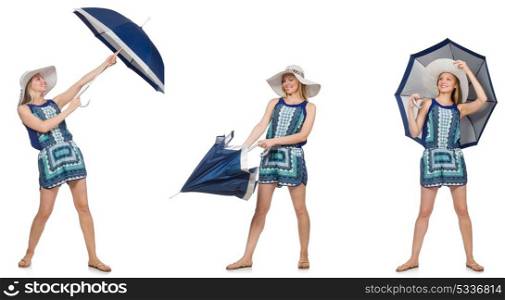 Collage of woman with umbrella isolated on white