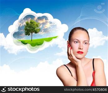 Collage of young girl against green natural landscape as a background