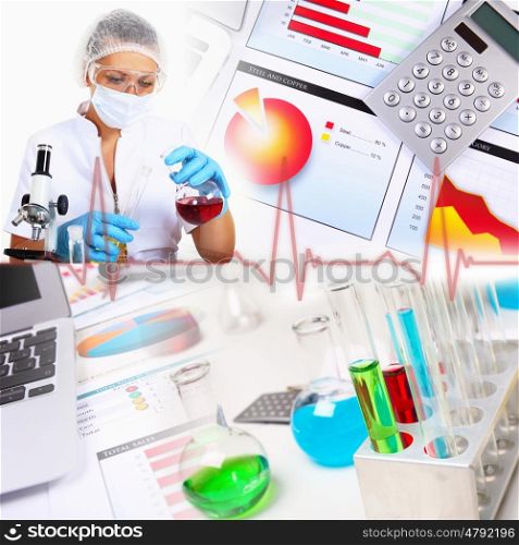 Collage on science with young woman and laborotary equipment
