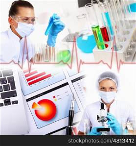 Collage on science with young woman and laborotary equipment