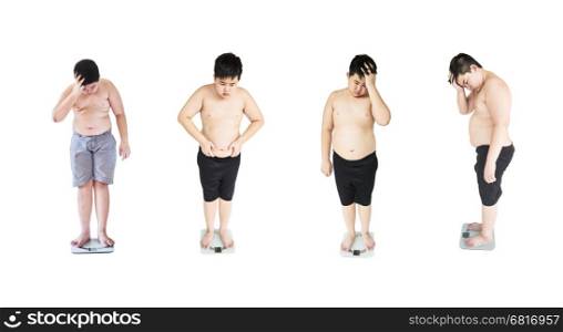 Collage photo of fat boy disappoint his fatness while standing on on weighing machine over white background