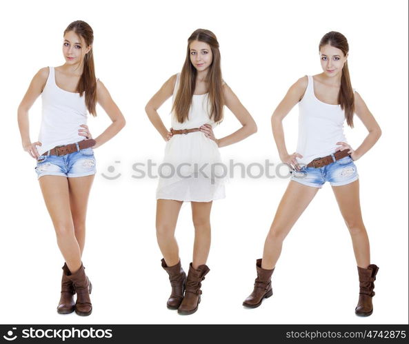 Collage, Portrait in full growth the young girls in blue jeans short, isolated on white background