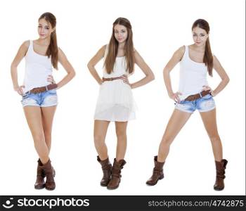 Collage, Portrait in full growth the young girls in blue jeans short, isolated on white background