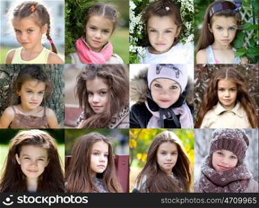 Collage portrait of a beautiful young girl, the time period from 6 years to 9 years
