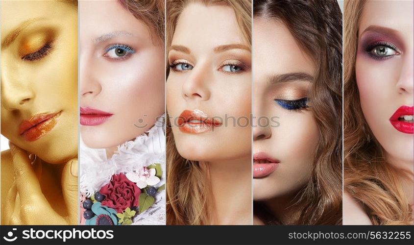 Collage. Set of Women&#39;s Faces with Various Colorful Makeup