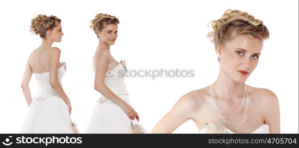 Collage two young women. Close up portrait of a beautiful girls, isolated on white background