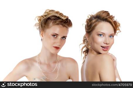 Collage two young women. Close up portrait of a beautiful girls, isolated on white background
