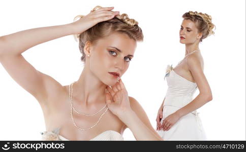 Collage two young women. Close up portrait of a beautiful girls, isolated on white background