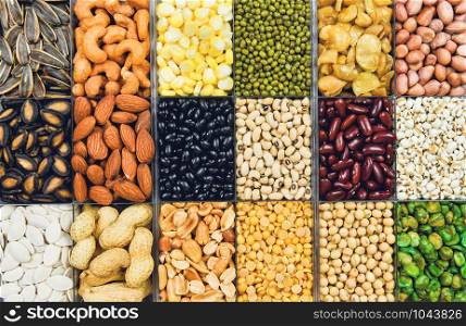 Collage various beans mix peas agriculture of natural healthy food for cooking ingredients / Set of different whole grains beans and legumes seeds lentils and nuts colorful snack texture background