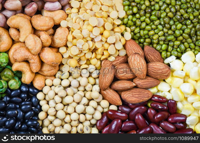 Collage various beans mix peas agriculture of natural healthy food for cooking ingredients / Set of different whole grains beans and legumes seeds lentils and nuts colorful snack texture background