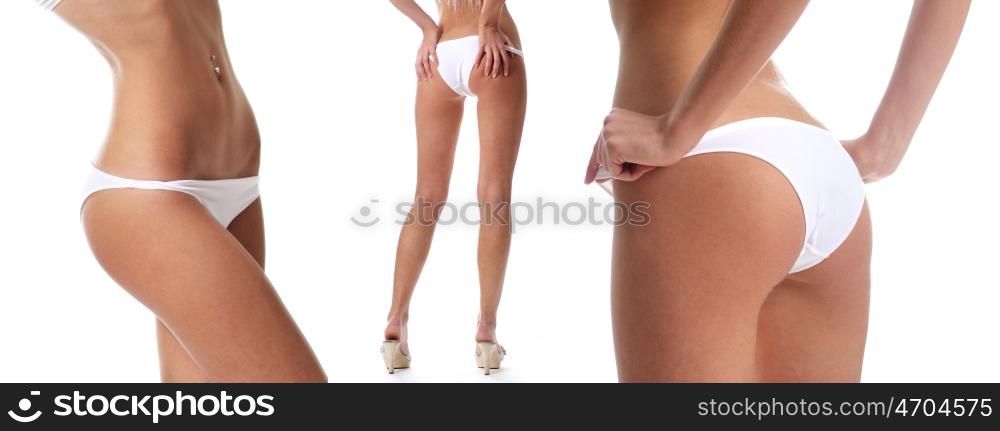 Collage, white underwear, body ass and thighs, isolated on white background
