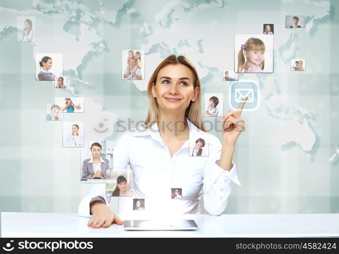 Collage with a business person against technology background