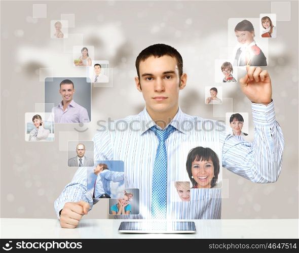 Collage with a business person against technology background