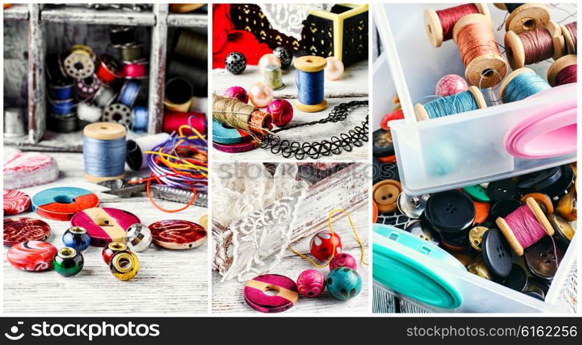 Collage with beads,buttons and threads for needlework adornments