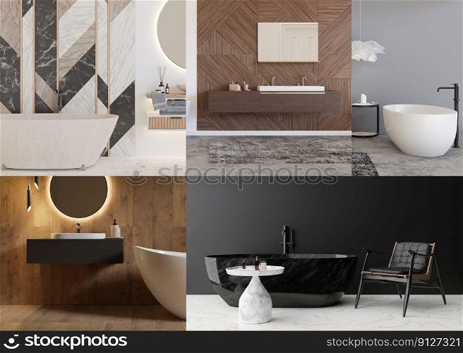 Collage with beautiful and modern bathrooms. Home or hotel interiors in contemporary style. Luxury bathrooms. Interior design project. Bathtub, washbasin, sanitary wares. 3D rendering. Collage with beautiful and modern bathrooms. Home or hotel interiors in contemporary style. Luxury bathrooms. Interior design project. Bathtub, washbasin, sanitary wares. 3D rendering.