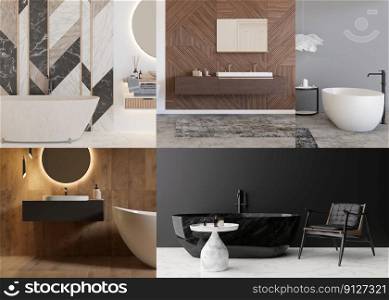 Collage with beautiful and modern bathrooms. Home or hotel interiors in contemporary style. Luxury bathrooms. Interior design project. Bathtub, washbasin, sanitary wares. 3D rendering. Collage with beautiful and modern bathrooms. Home or hotel interiors in contemporary style. Luxury bathrooms. Interior design project. Bathtub, washbasin, sanitary wares. 3D rendering.