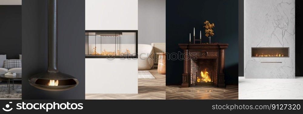 Collage with beautiful and modern fireplaces. Banner with luxury gas, electric, wood burning fireplaces. Contemporary style interior design. Burning fire. Cosy, relaxed atmosphere. 3D render. Collage with beautiful and modern fireplaces. Banner with luxury gas, electric, wood burning fireplaces. Contemporary style interior design. Burning fire. Cosy, relaxed atmosphere. 3D render.