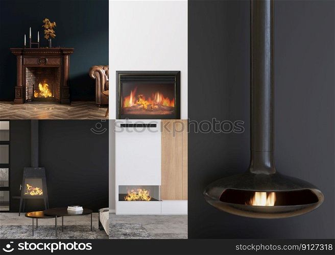 Collage with beautiful and modern fireplaces. Layout with luxury gas, electric, wood burning fireplaces. Contemporary style interior design. Burning fire. Cosy, relaxed atmosphere. 3D render. Collage with beautiful and modern fireplaces. Layout with luxury gas, electric, wood burning fireplaces. Contemporary style interior design. Burning fire. Cosy, relaxed atmosphere. 3D render.