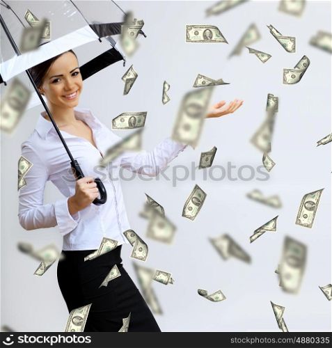 Collage with business woman under money rain with umbrella