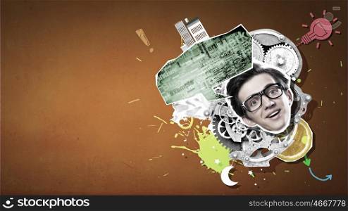 Collage with businessman. Collage image of funny businessman on colorful background