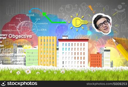 Collage with businessman. Collage image of funny businessman on colorful background