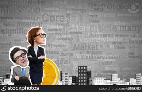 Collage with businesswoman. Young confident businesswoman and businessman at composite business background