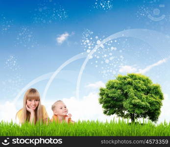 Collage with children and parents on green grass and under blue sky