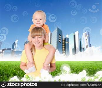 Collage with children and parents on green grass and under blue sky