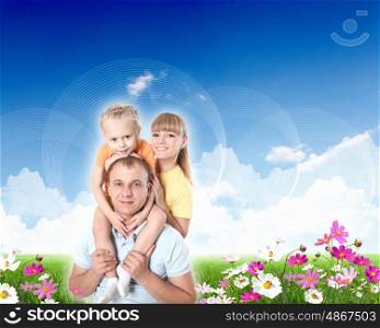 Collage with children and parents on green grass and under blue sky