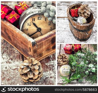 collage with Christmas decorations and an old alarm clock. outdated watch in wooden box on the background of Christmas decorations and pine cones.