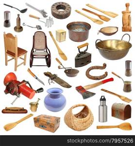 collage with large number of vintage objects isolated on white background, ready for your design