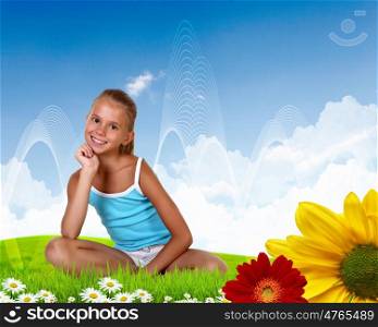 Collage with little smiling girl on green grass