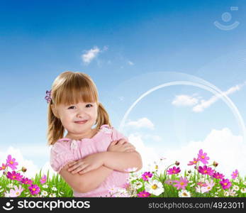 Collage with little smiling girl on green grass