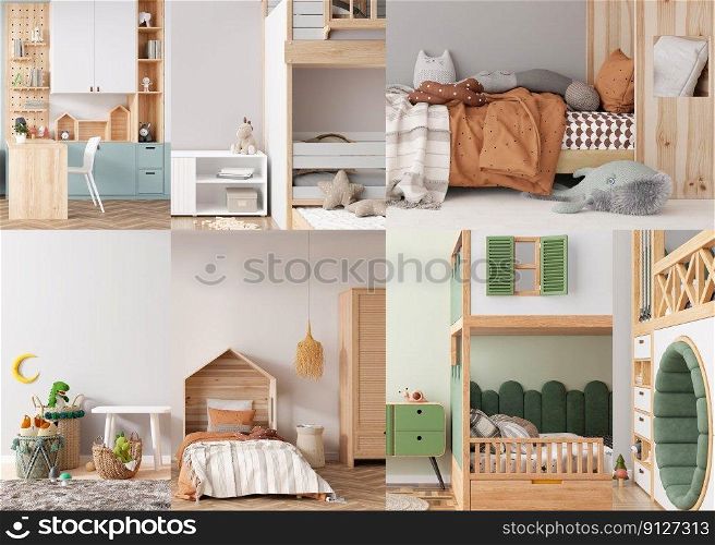 Collage with modern and playful kids rooms. Children’s rooms in contemporary style. Interior design project. Furniture for kids, toys, home accessories. 3D rendering. Collage with modern and playful kids rooms. Children’s rooms in contemporary style. Interior design project. Furniture for kids, toys, home accessories. 3D rendering.