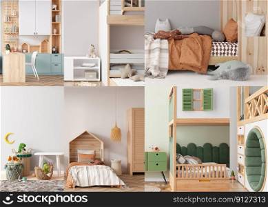 Collage with modern and playful kids rooms. Children’s rooms in contemporary style. Interior design project. Furniture for kids, toys, home accessories. 3D rendering. Collage with modern and playful kids rooms. Children’s rooms in contemporary style. Interior design project. Furniture for kids, toys, home accessories. 3D rendering.