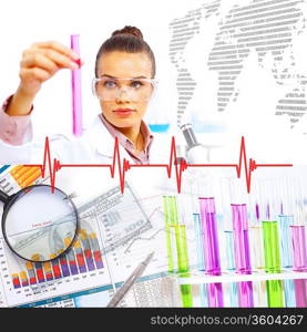 Collage with scientists working with liquids at laboratory