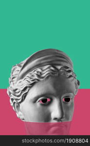 Collage with sculpture of human face in a pop art style. Modern creative concept image with ancient statue head. Zine culture. Contemporary art poster. Retro surreal design. Funky punk minimalism.. Collage with sculpture of human face in a pop art style. Modern creative concept image with ancient statue head. Zine culture. Contemporary art poster. Funky punk minimalism. Retro surreal design.