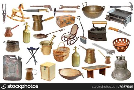 collage with very old objects isolated over white background