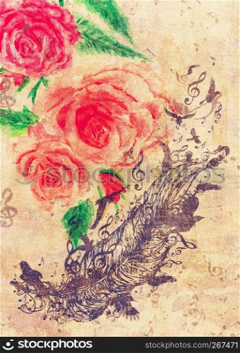 Collage with watercolor roses and feather with birds grunge yellow paper texture.