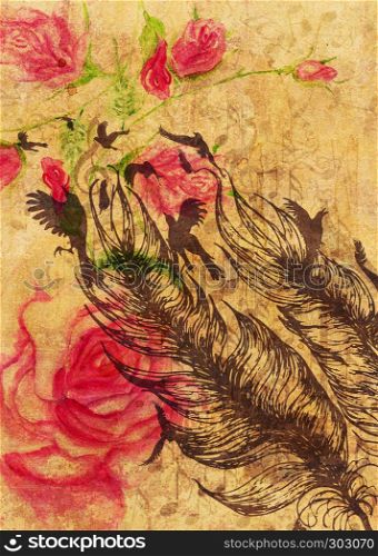 Collage with watercolor roses and feather with birds grunge yellow paper texture.
