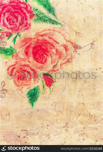 Collage with watercolor roses and music notes with grunge yellow paper texture.