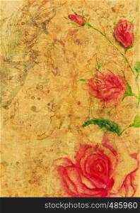 Collage with watercolor roses and music notes with grunge yellow paper texture.