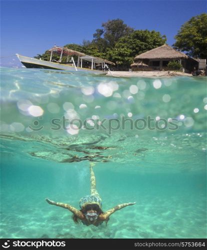 Collage with Woman Diving to Underwater and Sail Boat on Water Surface
