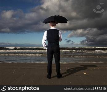 Collage with young businessman against weather background