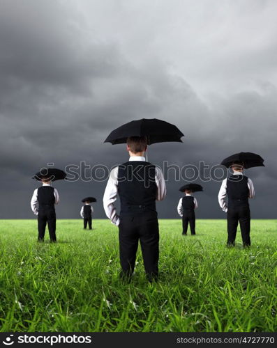 Collage with young businessman against weather background