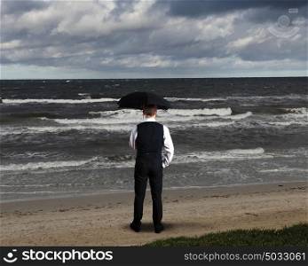 Collage with young businessman against weather background