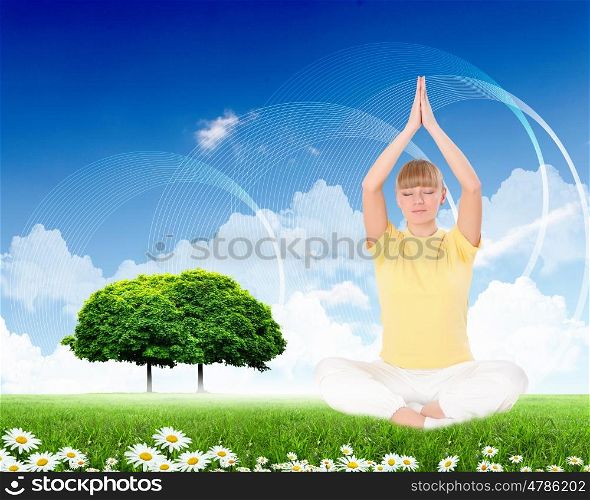 Collage with young woman doing yoga against blue sky