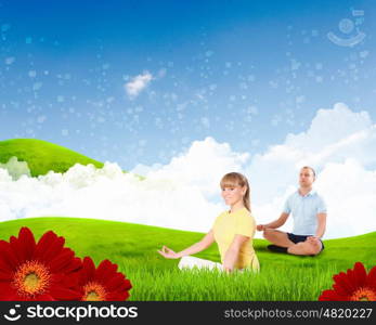 Collage with young woman doing yoga against blue sky